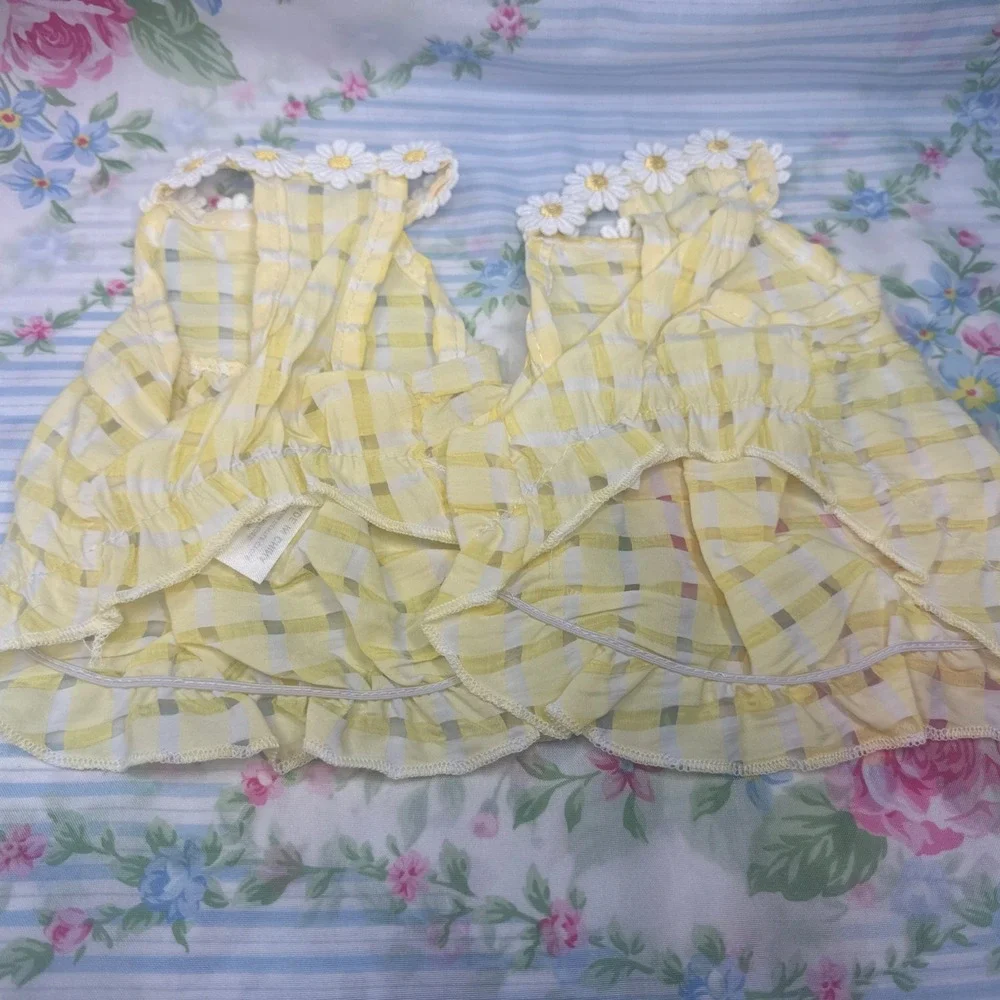 Lot of 2 Matching Yellow Gingham Kitty Cat Dresses Size XS Daisy Trim New No Tag